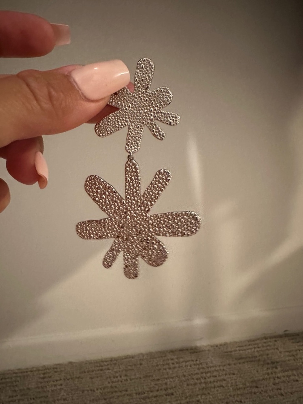 Silver Textured Double Flower Drop Earrings - Statement Dangle